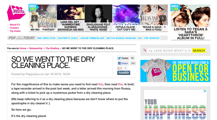 A screenshot of Popjustice’s article entitled “So we went to the dry cleaing place”.